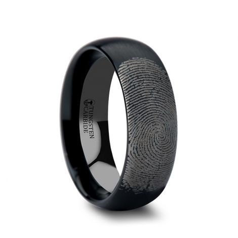 F863-DBBT. Fingerprint Engraved Domed Black Tungsten Ring with Brushed Finish - 4mm - 12mm Black Tungsten Wedding Band, Fingerprint Ring, Tungsten Jewelry, Tungsten Carbide Wedding Bands, Black Tungsten Rings, Raw Quartz Crystal, Tungsten Wedding Rings, Fingerprint Jewelry, Black Tungsten