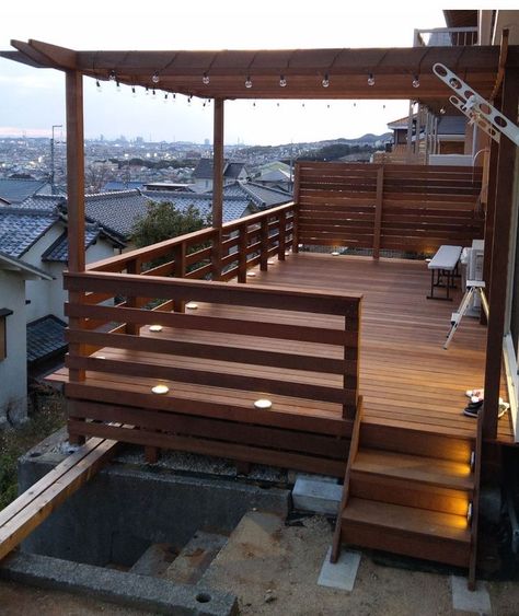 Deck Styling Outdoor, Backyard Lights Ideas, Backyard Lights, Small Backyard Decks, Wood Aesthetic, Patio Railing, Wooden Patio, Deck Railing Design, Lights Ideas