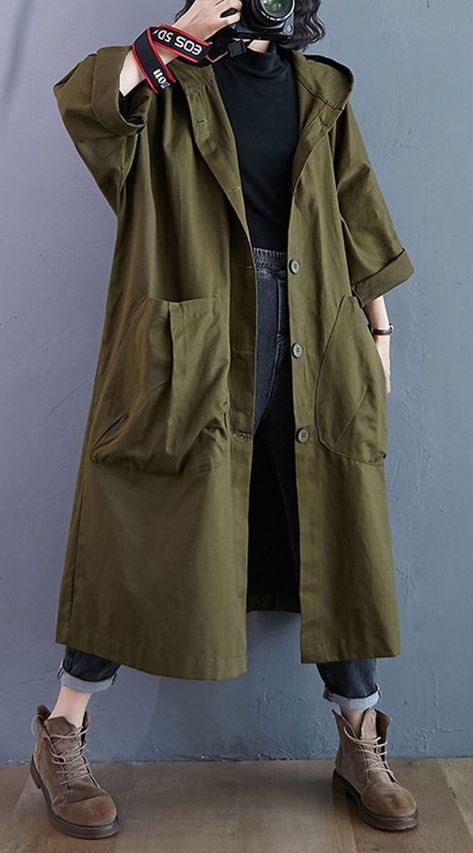 Elegant Army Green Pockets Button Fall Hooded Long sleeve Trench Coats Spring Trench Coat, Spring Trench, Linen Clothing, Trench Coats Women, Aaliyah, Hooded Coat, Outfit Casual, Trench Coats, Sewing Ideas