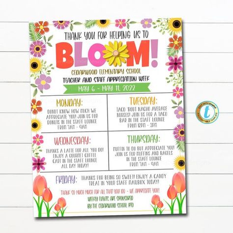 EDITABLE Teacher Appreciation Week Itinerary, Appreciation Bloom Grow Floral Flowers Spring Garden Theme, Schedule Events Printable EDITABLE #teachergifts
 #teachergiftideas
 #teacherappreciationgifts
 #teacherappreciationweek #gradgifts, #graduationgiftideas, #highschoolgraduationgiftideas, #graduationgifts. https://whispers-in-the-wind.com/top-10-graduation-gift-ideas/?teacher Themed Appreciation Week, After School Appreciation Week, Teacher Appreciation Week Themes For Students, Teacher Appreciation Week Ideas Student, Teacher Appreciation Growing Theme, Bloom Teacher Appreciation Week, Teacher Appreciation Theme Days, Garden Teacher Appreciation Week, Teacher Appreciation Flower Theme