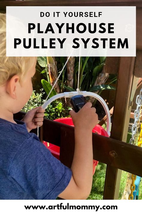 We added a "pulley system" to the play structure. Well actually there was no pulley involved, instead we found some simple supplies in the garage (a wall hook, screws, rope, an old red bucket and a cleat) and put together a makeshift one in about 10 minutes. #Artfulmommy #STEAM Pulley Bucket For Fort, Bunk Bed Pulley System, Diy Pully System Ideas, Bucket Pulley Tree Houses, Tree House Pulley System, Treehouse Bucket Pulley, Treehouse Pulley System, Pully System Ideas Diy, Pulley System For Kids