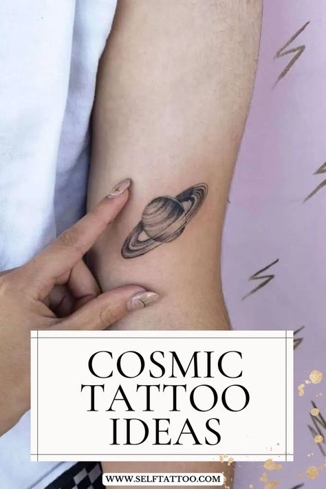 cosmic galaxy tattoo ideas, galaxies universe tattoo ideas for women and men. small cosmic tattoo ideas Tiny Planet Tattoos, Planets Tattoos, Galaxy Tattoo Ideas, Least Painful Tattoo, Universe Tattoo Ideas, Small Crescent Moon Tattoo, Cosmic Tattoo Ideas, Outer Space Tattoos, Self Tattoo