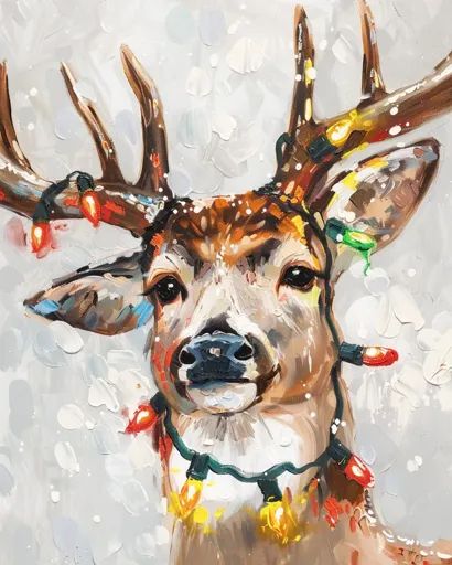 ↑↑↑ Larger size on website 🔸 A close-up painting of a deer with large antlers. It is adorned with Christmas lights that are strun 🔸 From Midjourney AI Image Reindeer Painting, Deer Pictures, Deer Painting, Deer Art, Angel Painting, Nature Art Painting, A Deer, Christmas Drawing, Arte Animal