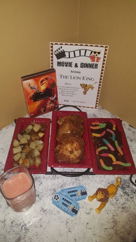 Lion King Themed Dinner, Lion King Date Night, Lion King Movie Night Food, Dinner And Movie Theme Night Adults, The Lion King Movie Night, Lion King Movie Night, Lion King Dinner, Jungle Book Movie Night Food, Movie Themed Dinner