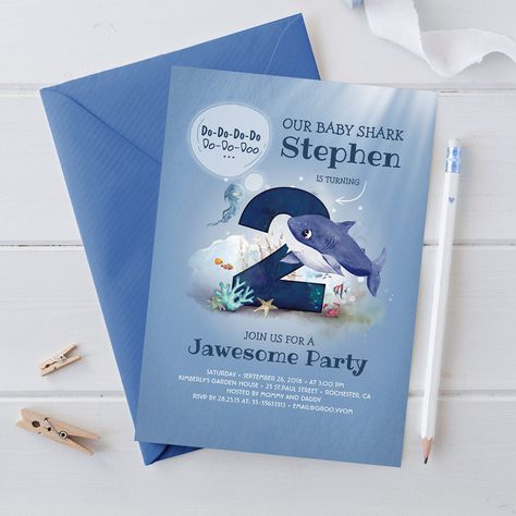 Baby Shark Under the Sea 2nd Birthday Invitation Sea Typography, Ocean Fairy, Shark Birthday Invitation, Baby Shark Party, Birthday Under The Sea, Shark Birthday Invitations, Baby Shark Birthday, Toddler Parties, Shark Birthday Party