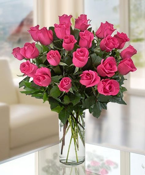 Bright Pink Roses, A Dozen Roses, 12 Roses, Long Vase, Rose Belle, Dozen Roses, Hot Pink Roses, Cheap Flowers, Flower Boutique