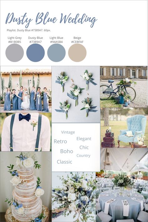 Vintage inspired dusty blue wedding Dusty Blue Beige Wedding Theme, Dusty Blue Cream Wedding, Dusty Blue And Khaki Wedding, Dusty Blue Wedding Palate, Dusty Blue Wedding Theme Backdrop, Whimsical Dusty Blue Wedding, Dusty Blue September Wedding, Dusty Blue Vintage Wedding, Dusty Blue Wedding Mood Board