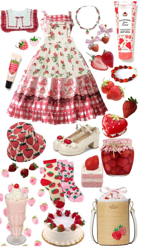 Strawberry Shortcake Outfits Inspired, Strawberry Shortcake Aesthetic Outfit, Strawberry Shortcake Inspired Outfit, Strawberry Corset, Strawberry Dresses, Sixth Dimension, Strawberry Style, Strawberry Clothing, Strawberry Shortcake Outfits