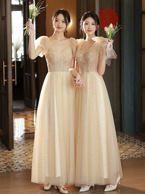 4 Styles Champagne Bridesmaid Dress Women's Elegant Short Sleeves A-Line Gown Ankle Length Tulle Champagne Bridesmaid Dress, Gown Bridesmaid, Champagne Bridesmaid Dresses, Champagne Bridesmaid, Dress Women Elegant, Party Gown, Runway Dresses, A Line Gown, Tulle Wedding