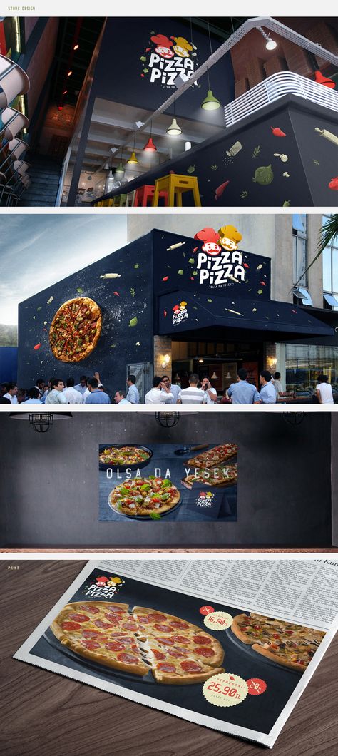 PIZZA PIZZA - BRANDING DESIGN on Behance Pizza Corner Design, Pizza Restraunt Design, Pizza Booth Design, Pizza Store Interior Design, Pizza Graphic Design Illustrations, Pizza Shop Interior Design, Pizza Shop Branding, Pizza Restaurant Design Interior Ideas, Small Pizza Shop Design