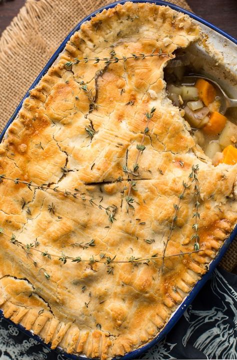 Lightened up Gluten Free Chicken Pot Pie loaded with veggies & topped with an herby crust | Dairy Free Option Available Turkey Pot Pie Easy, Gluten Free Chicken Pot Pie, Vegetable Pot Pies, Beef Pot Pies, Turkey Pot, Cheddar Chicken, Turkey Pot Pie, Dried Thyme, Diced Carrots