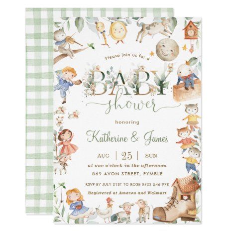 Chic Nursery Rhyme Greenery Baby Shower Neutral Invitation #UniqueGifts #CustomizeGifts Baby Shower Neutral, Neutral Invitation, Lollipop Party, Boy Girl Nursery, Whimsical Nursery, Gender Neutral Baby Shower Invitations, Chic Nursery, 1st Birthday Party Invitations, Twins Baby