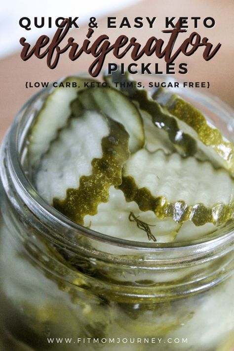 Quick & Easy Keto Refrigerator Pickles (sugar free) - Fit Mom Journey Keto Refrigerator Pickles, Quickles Pickles Thm, Refrigerator Pickling Recipes, Sugar Free Bread And Butter Pickles, Ugly Dip, Virta Recipes, Keto Pickles, Icebox Pickles, Sweet Refrigerator Pickles