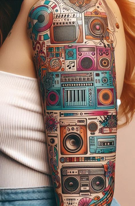 Ready to turn up the volume on your tattoo collection? Sound box themed tattoos are a dynamic way to showcase your love for music. Let every beat and rhythm echo through your ink. 80s Music Tattoo, Volume Tattoo, House Music Tattoo, Speaker Tattoo, Music Themed Tattoos, Boombox Tattoo, Music Inspired Tattoos, Music Tats, Music Tattoo Ideas