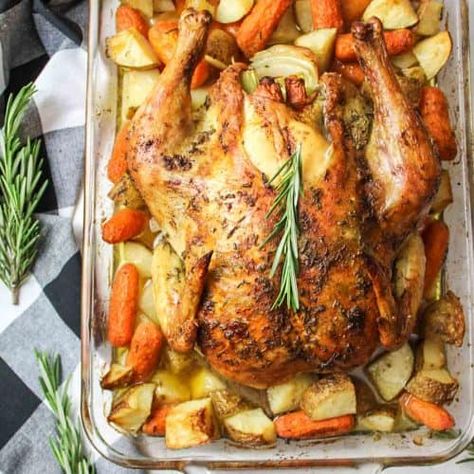 Roasted Whole Chicken with Potatoes and Carrots - BeeyondCereal Oven Baked Whole Chicken, Chicken With Potatoes And Carrots, Baked Whole Chicken, Baked Whole Chicken Recipes, Oven Roasted Whole Chicken, Whole Baked Chicken, Braised Chicken Breast, Chicken With Potatoes, Chicken Breast Crockpot Recipes