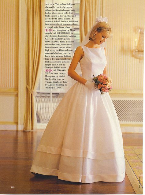 Bride in a 90's vintage wedding gown from a magazine. Wedding Dress Aesthetic Vintage, 90s Wedding Aesthetic, 1990s Wedding Dress, Wedding Dresses 90s, Slinky Wedding Dress, 90s Bride, 1990s Wedding, Retro Weddings, 90s Wedding Dress