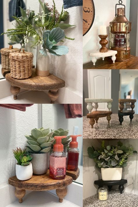 Riser Tray Decor, Diy Kitchen Riser, Riser Decor, Wood Step Stool, Wood Riser, Corner Decor, Floor Plants, Tiny Bathroom, Decorative Trays