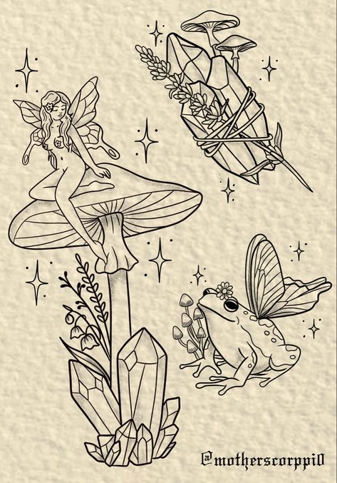 Fairy Garden Drawing, Rockabilly Tattoos, Fairy Tattoos, Fairy Garden Art, 2024 Tattoo, Petit Tattoo, Armband Tattoos, Mushroom Tattoos, Witch Tattoo