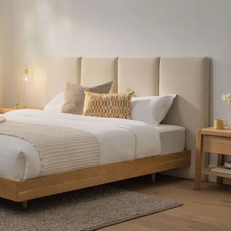 Noel Plush Pacific Taupe King Wall-Mounted 48" Tall Headboard | Article King Bed Light Wood, 2 Beds With One Headboard, Cushion On Bed Ideas, Upholstered Headboard Panels Diy, King Bed With No Headboard, King Size Headboard Ideas Fabric, Bed With Back Cushion, Thuma Bed Headboard, Upholstered Headboard Panels