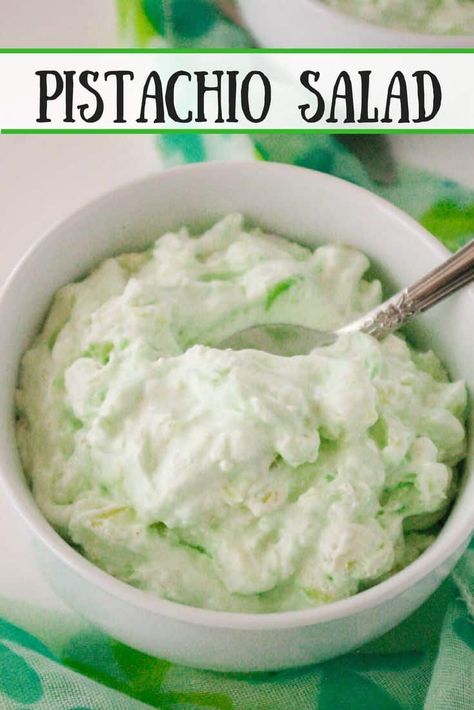 Pistachio Salad- a fluffy, green, jello salad. Perfect for spring or summer! St Patricks Day Salad Recipes, St Patrick’s Day Dinner Sides, Side Dishes For St Patricks Day, Seafoam Salad, Lime Fluff, Green Jello Salad, Garden Salads, Watergate Salad, Green Jello