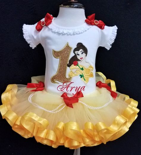 Belle Birthday Outfit, Belle Tutu, Beauty And The Beast Birthday, Beauty And Beast Birthday, Belle Outfit, Belle Birthday, Ribbon Trim Tutu, First Birthday Tutu, 2nd Birthday Outfit