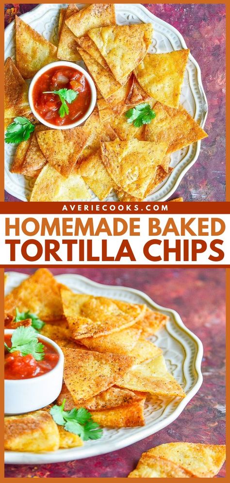 How to Make Tortilla Chips (Baked Not Fried!) - Averie Cooks Tortilla Chips Recipe, Tortilla Chip Recipe, Baked Tortilla Chips, Easy Salsa Recipe, Scratch Cooking, Homemade Corn Tortillas, How To Make Tortillas, Averie Cooks, Homemade Tortilla Chips