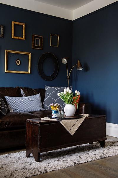 75 Enchanting Brown Living Rooms | Shutterfly Brown Living Rooms, Brown And Blue Living Room, Brown Sofa Living Room, Leather Couches, Brown Living Room Decor, Brown Couch Living Room, Dark Blue Walls, Dark Living Rooms, Yellow Living Room