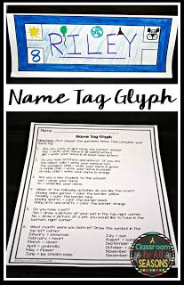 Name Tag Glyph  Need a fun getting-to know-you activity for the beginning of school? This name tag glyph has easy to follow directions and is a lot of fun for kids. Students answer the questions about themselves and then decorate their name tag according to their answers. Follow up the activity by having students introduce a partner to the class. Make sure to display them for all to see.  Find it here. Enjoy! Christina  2nd grade A Classroom for All Seasons back to school fifth grade Fourth Grad Name Tag Activity, School Name Tag, Name Tag For School, Get To Know You Activities, First Day Activities, First Week Of School Ideas, First Week Of School, First Day Of School Activities, 5th Grade Classroom