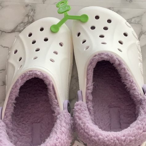 Never Worn - Band New Fluffy Crocs, White Crocs, 34th Birthday, Women's Crocs, Birthday Board, Purple And White, Crocs Shoes, Shoes White, Color Purple