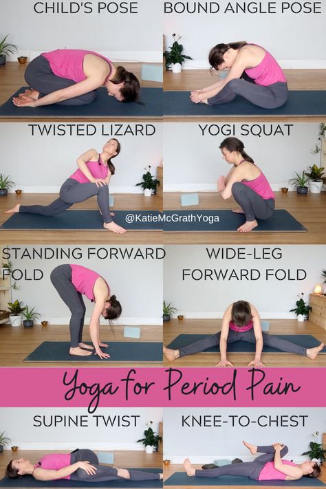 Stretches On Period, Yoga To Relieve Period Cramps, Pose For Period Cramps, Period Relief Yoga, Poses To Relieve Period Cramps, Yoga Poses During Periods, Period Cramps Stretches, Exercise In Period Time, Yoga Poses To Relieve Period Cramps