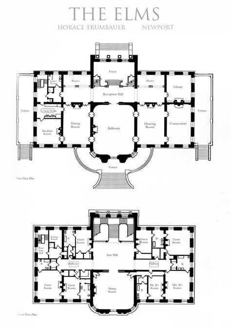 The Elms: 1st & 2nd floor plan. I found this on Tyler Y. Hughes' board "My Newport." Thanks, Mr. Hughes! This and the picture of the cross hall popped up in time to be pinned with the rest of the Elms' photos. JC Gothic House Plans, Marble House Newport, Country House Floor Plan, Manor House Plans, Manor Floor Plan, Mansion Plans, Castle Floor Plan, Fasad Design, Pelan Rumah