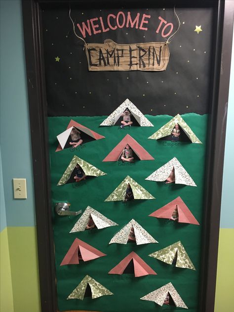 Camp theme classroom, camp door, preschool door, summer school door, camping door, tents Campfire Door Decorations, Camping Theme Doors At School, Door Design For Preschool, Camping School Decorations, Camp Door Decorations Classroom, Door Design Preschool, Classroom Outdoor Theme, Classroom Door Camping Theme, Camp Theme Classroom Door