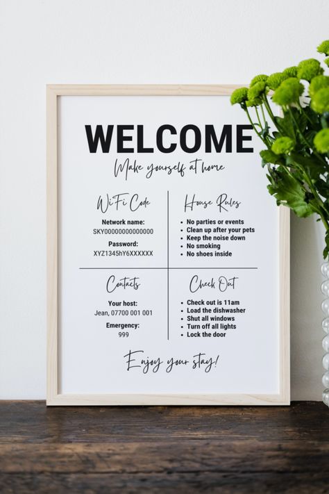 Editable Airbnb welcome sign template, with a minimalist designs. For Airbnb hosts, this easy-to-use Airbnb template shows guest details in an easy-to-read design, including WiFi password, house rules, departure checklist and more. Welcome Wifi Password Sign, Airbnb Amenities Ideas, Airbnb Amenities, Welcome Sign Ideas, Airbnb Templates, Wifi Code, Airbnb Welcome Sign, Pc Ideas, Wifi Password Sign