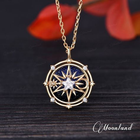 Gold Compass Necklace, Fantasy Pendant, Compass Jewelry, Blue Sandstone, Compass Necklace, Magical Jewelry, Celestial Jewelry, Moonstone Necklace, Fantasy Jewelry