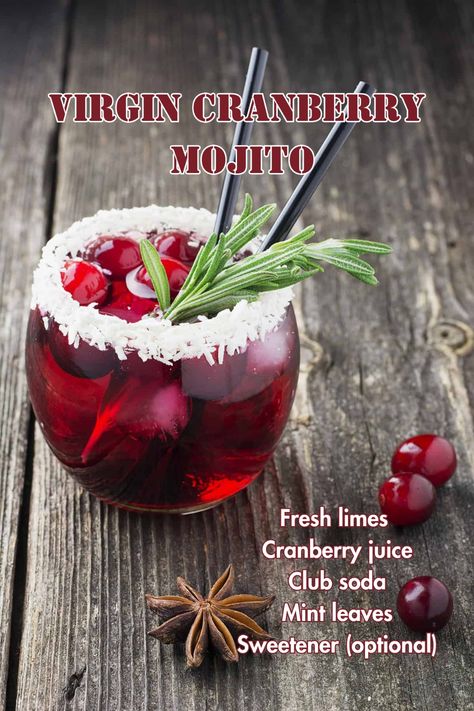 A vibrant glass of Virgin Cranberry Mojito garnished with fresh mint and cranberries, showcasing a festive non-alcoholic drink option. Cranberry Mojito Mocktail, Thanksgiving Mocktails, Cranberry Mojito, Cranberry Ginger Ale, Mimosa Cocktail, Classic Mojito, Mojito Mocktail, Mojito Recipe, Apple Cranberry