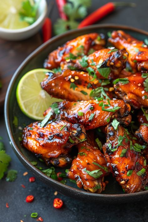 Spicy grilled chicken wings garnished with fresh herbs and a slice of lime. Sweet Spicy Chicken Wings, Korean Wings, Honey Sriracha Chicken Wings, Wings At Home, Sriracha Chicken Wings, Chicken Wing Seasoning, Cauliflower Pizza Crust Recipe, Honey Sriracha Chicken, Sriracha Chicken