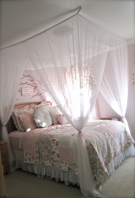 my new project...  canopy for our bedroom Twin Size Bed Canopy, Sheer Curtains Around Bed, Canopy Bed Ideas Pink, Coquette Bed With Canopy, Canopy Around Bed, Bed With Net Canopy, Canopy Bed From Ceiling, Pallet Bed With Canopy, Bed With Canopy Curtains