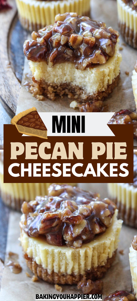 Mini Pecan Pie Cheesecakes, these decadent little cheesecakes are topped with a rich and delicious gooey, crunchy pecan pie topping! Mini Peacon Pie, Pecan Pie Cream Cheese Bars, Mini Pecan Pie Cheesecake Recipe, Pecan Pie Cheesecake Topping, Cheesecake With Pecan Pie Topping, Mini Cheesecake Pies, Thanksgiving Cheesecake Bites, Gluten Free Pecan Cheesecake, Pecan Pie Recipe Mini