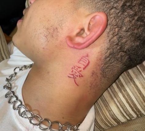 Chinese Symbol Tattoo Behind Ear Behind Ear Tattoo Men Ideas, Neck Tattoo Chinese Symbols, Men’s Tattoo Behind Ear, Chinese Symbol Tattoos Behind Ear, Behind The Ear Tattoo Ideas For Men Guys, Mens Behind Ear Tattoo, Men Ear Tattoo, Chinese Tattoo Behind Ear, Chinese Neck Tattoo