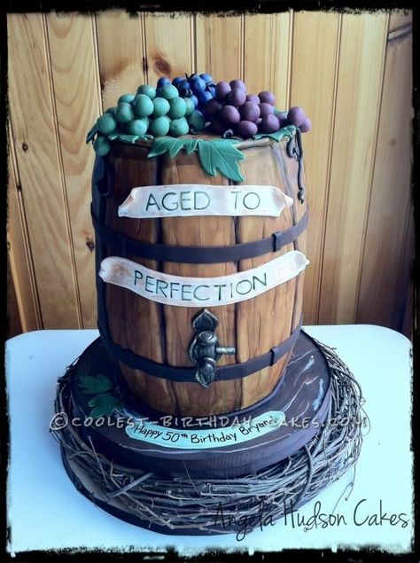 "Aged to Perfection" wine barrel cake Birthday Cake Ideas For Husband, Cake Ideas For Husband, Wine Barrel Cake, Birthday Cake Wine, Barrel Cake, Wine Cake, Birthday Cake For Husband, New Birthday Cake, 70th Birthday Cake