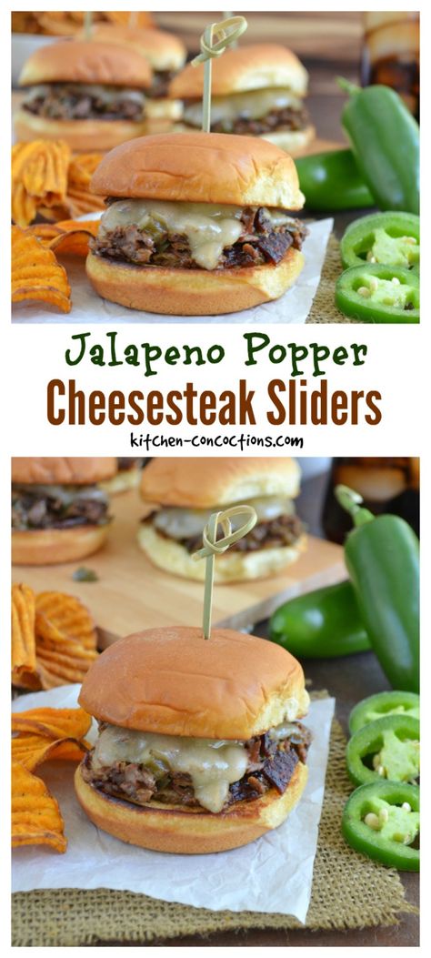 Jalapeno Popper Cheesesteak Sliders - A classic cheesesteak sandwich recipe with a twist! Adding spicy jalapenos, bacon and tangy cream cheese, makes these sliders the perfect food for parties and sporting events! AD #GameForBasketball #CollectiveBias Spicy Sliders Recipes, Jalapeno Popper Sliders, Food For Parties, Steak Pinwheels, Cheesesteak Sandwich, Hungry Bear, Cheesesteak Sliders, Panini Sandwiches, Cheese Steak Sandwich