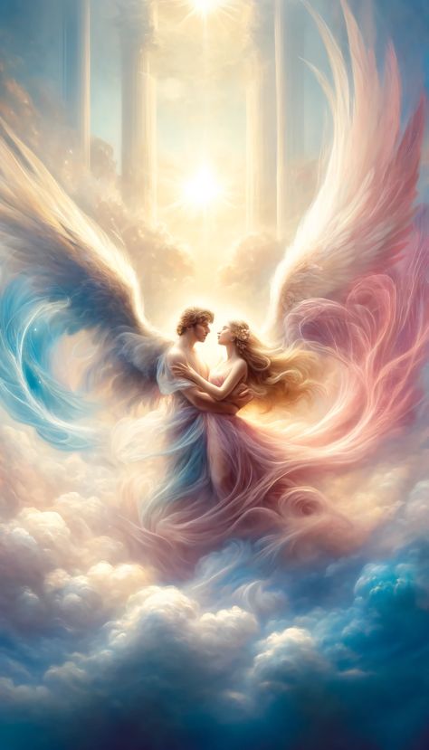 Embrace the Yin and Yang of love in this spiritual art painting. It's a tender portrayal of couple angels, their love radiating with serene purity. A divine testament to romance, its depiction is what our angel tattoo ideas are inspired from. Angel Tattoo Ideas, Spiritual Art Painting, Angelic Aesthetic, Radiate Love, Couples Tattoo Designs, Couple Tattoo, Twin Flame Love, Divine Love, Angel Aesthetic