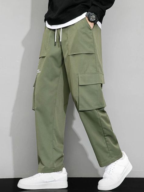 Is That The New Guys Slogan Graphic Flap Pocket Drawstring Waist Pants ??| ROMWE USA Green Cargo Pants Outfit, Sporty Casual Outfits, Baggy Pants Men, Cargo Pants Outfit Men, Boys Cargo Pants, Cargo Outfit, Pants Outfit Men, Drawstring Waist Pants, Baggy Cargo Pants