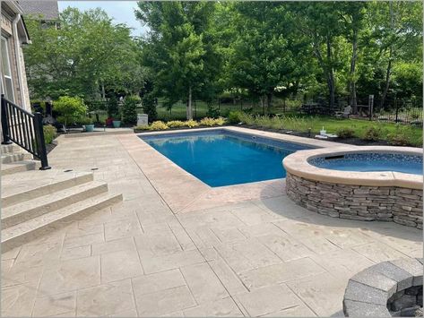 backyard-pool-stamped-concrete Stained Concrete Pool Deck, Stamped Concrete Pool Deck Ideas, Pool Decking Ideas, Concrete Pool Deck Ideas, Wood Stamped Concrete, Stamped Concrete Pool Deck, Pool Decking Concrete, Stamped Concrete Pool, Stone Pool Deck