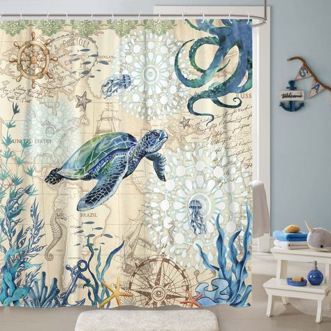 PRICES MAY VARY. 🎄【Unique Nautical Design】: Dive into a maritime adventure with our nautical turtle octopus themed shower curtain. Featuring an intricate and captivating design, it adds a touch of underwater charm to your bathroom décor. Let the mesmerizing turtle pattern transport you to the depths of the ocean every time you shower. 🎄【Premium Quality】: 100%Polyester, high quality, thick and soft. Crafted with utmost care, our shower curtain is made from high-quality, water-resistant polyeste Abstract Shower Curtain, Nautical Bathrooms, Decor Baie, Turtle Pattern, Insulated Curtains, Shower Curtain Rods, Beach Bathrooms, Shower Curtain Hooks, Blue Bathroom