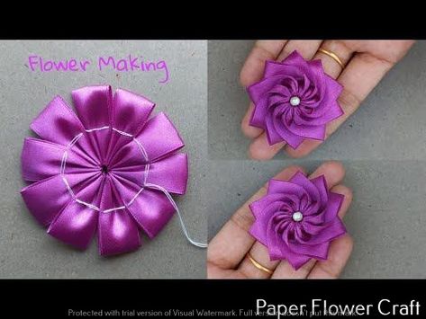 Ribbon Flower Ideas, Flowers Made Out Of Ribbon, Diy Ribbon Flowers Tutorial, Ribbon Flower Tutorial Step By Step, Craft With Ribbon, How To Make Ribbon Flowers, How To Make Fabric Flowers, Ribbon Flowers Diy Easy, Easy Ribbon Crafts