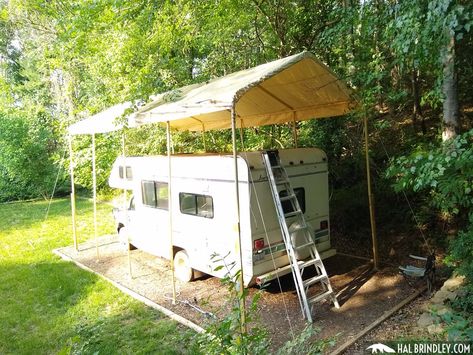 RV Roof Repair Step 6: Preparing for Rain and Decisions Roof Over Camper, Carport Enclosure, Rv Canopy, Rv Roof Repair, Rubber Roof, Awning Roof, Epdm Roofing, Campervan Ideas, Rv Air Conditioner