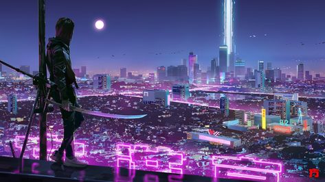 Desktop wallpaper 1080p - Cyberpunk Cyberpunk, At Night, Cityscape, Neon, Building, Purple