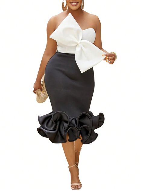 Big Bow Front Tube Top & Ruffle Hem Skirt Black Party    Colorblock  Slight Stretch  Women Clothing, size features are:Bust: ,Length: ,Sleeve Length: Rok Outfit, Bow Crop Tops, Ruffle Hem Skirt, Hip Skirt, Mermaid Skirt, Hem Skirt, Dress Suits, Two Piece Dress, Two Piece Set