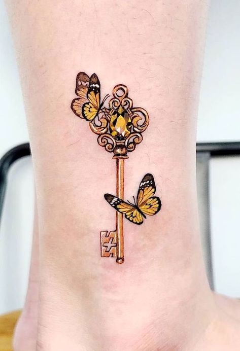 Key And Butterfly Tattoo, Gold Butterfly Tattoo, Key Tattoo Designs For Women, Butterfly Key Tattoo, Key Tattoo Meaning, Key Tattoos For Women, Butterfly Tattoos With Meaning, Unique Butterfly Tattoo Creative, Charms Tattoo